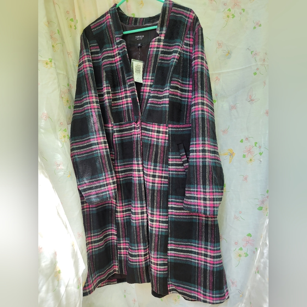 Torrid 3 Pink Plaid Wool Blend Coat Button Blazer Jacket Longline NWT